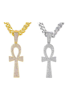 HIP HOP ICED OUT ANKH CROSS PENDANT CUBAN CHAIN