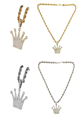 HIP HOP ICED OUT CROWN PENDANT ROPE CHAIN