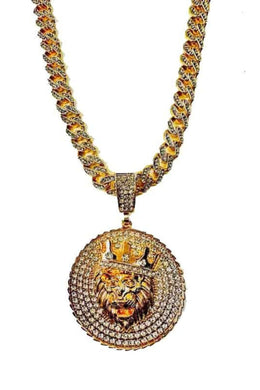 LION PENDANT WITH STONE CUBAN CHAIN NECKLACE