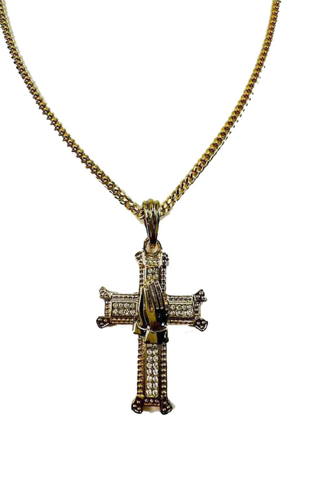 CROSS  WITH PRAYING HANDS PENDANT LONG NECKLACE