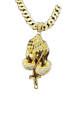 PRAYING HANDS PENDENT CUBAN CHAIN NECKLACE