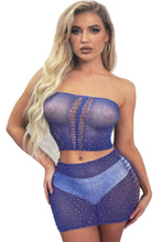 Load image into Gallery viewer, SEXY 2PC RHINESTONE FISHNET TOP WITH MINI SKIRT