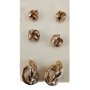 Earrings 3 Set Flat Metal With Stone